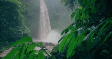Nungnung güçlü şelalesi koyu yeşil yemyeşil orman ormanında. Düşen su kayalara çarpar. Rüzgarda sallanan tropik yapraklar. Bali Endonezya. Yakın çekim sinematik görünüm.