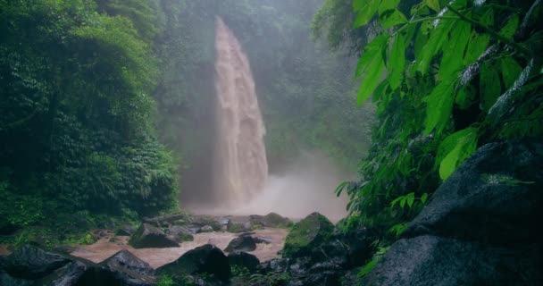 ヌンガムの強力な滝 熱帯雨林の緑豊かな緑の中に流れる流れ インドネシアのバリ島に隠された宝石 クローズアップ映画ビュー — ストック動画