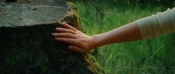 암수가 어두운 의나무 그루터기에서 이끼를 손으로 거린다 줄기에 여성의 — 비디오