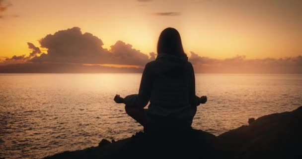 在早上的特写中 一个悠闲的女人在岩石沙滩上的夕阳西下的轮廓 女孩在大自然中沉思 阳光照亮了她 练瑜伽 — 图库视频影像