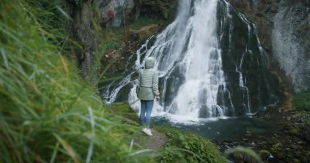 Mulher Viajante Apreciando Cachoeira Nas Terras Altas Áustria Viajando Nas — Vídeo de Stock