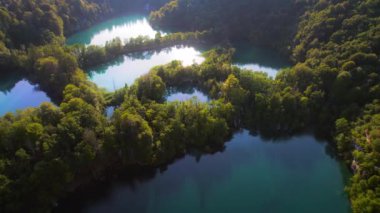 Dağ gölü ve sık orman manzaraları yaz ayından sonbahar güneşli sabahına kadar. Pırıl pırıl taze turkuaz su. Plitvice Lakes Ulusal Parkı Hırvatistan.