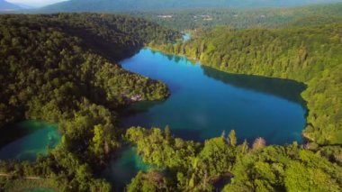Dağ gölü ve sık orman manzaraları yaz ayından sonbahar güneşli sabahına kadar. Pırıl pırıl taze turkuaz su. Plitvice Lakes Ulusal Parkı Hırvatistan.