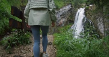 Yağmur sırasında güçlü bir şelalenin keyfini çıkaran bir kadın. Sonbahar kozalaklı ormanlarında geziyor. Avusturya 'nın dağlık kesimlerinde Gollinger şelalesi. Yürüyüşçü doğanın güzelliğini düşünür..