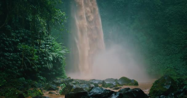 Corrente Poderosa Cachoeira Floresta Tropical Verde Dia Chuvoso Nungnung Bali — Vídeo de Stock