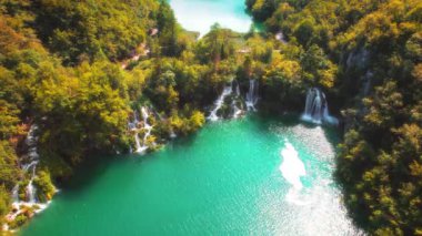 Sonbahar günü, dağ ormanlarındaki şelale dereleri, sarı ağaçlar ve parlak turuncu yapraklar. Plitvice gölündeki zümrüt yeşili su Hırvatistan 'daki Ulusal Parkı sular altında bıraktı.