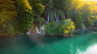 Sonbahar ormanındaki şelalede renkli ağaçlar ve ulusal parktaki zümrüt yeşili tatlı su. Hırvatistan 'daki Plitvice Gölü Ulusal Parkı. Şelalenin havadan görünüşü ve parlak tatlı su.
