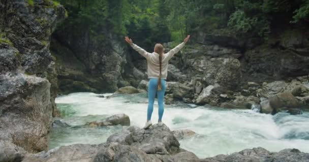Chica Disfrutando Naturaleza Bosque Con Río Montaña Flujo Rápido Mujer — Vídeos de Stock