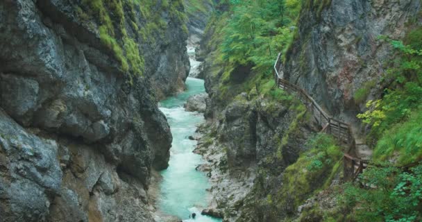 Wanderweg Schlucht Mit Schnell Fließendem Fluss Regnerischen Tag Schmale Holztreppe — Stockvideo