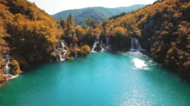 Nehir sonbahar ormanlarında şelale derelerine yayılır. Su göle akar. Gün batımında ağaçların üzerinde kırmızı ve sarı turuncu renkler parlıyor. Gökyüzü manzarası.