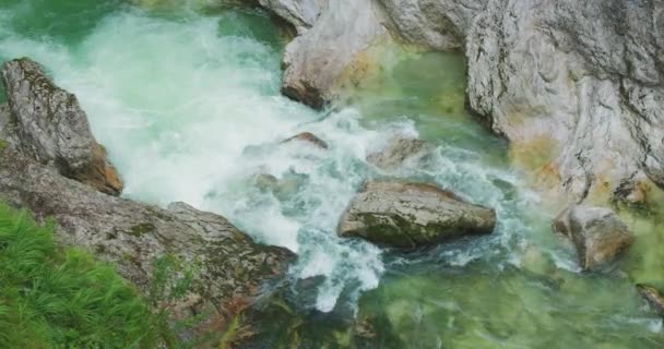 Pełni Płynąca Górska Rzeka Rzekami Czysty Strumień Wody Skalistym Wąwozie — Wideo stockowe