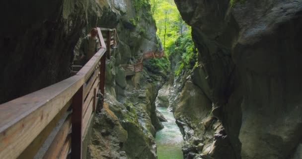 Avusturya Lammer Nehri Boyunca Dar Kayalık Bir Geçitte Tahta Yolda — Stok video