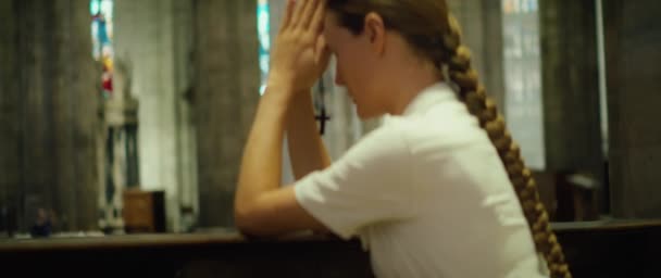 Girl Church Parishioner Prays Her Knees Cathedral Sincerely Believing Woman — Stock Video
