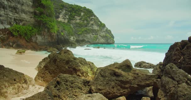 Крепкие Скалы Обрамляют Море Пышная Растительность Цепляется Крутые Скалы Над — стоковое видео