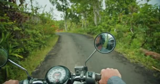 Podróż Rozwija Się Bliską Perspektywą Jazdy Motocyklem Ujawniając Zielony Krajobraz — Wideo stockowe