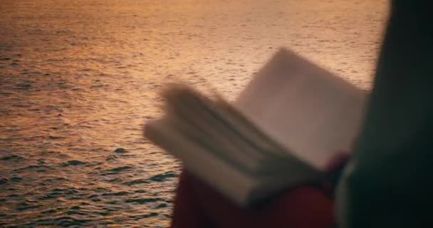 Vrouw Silhouet Lezen Van Een Boek Rotsachtig Strand Bij Zonsondergang — Stockvideo
