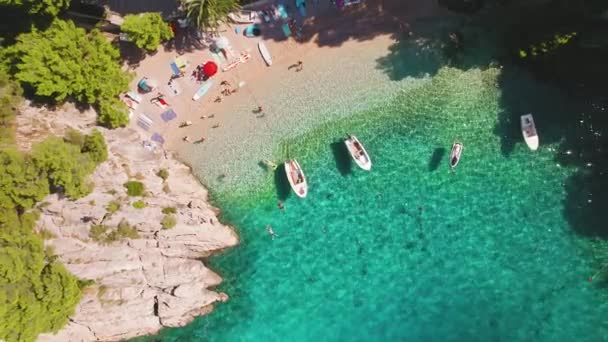 Sunbathers Boats Populate Coastline Brela Punta Rata Beach Croatia Rivieras — Stock Video
