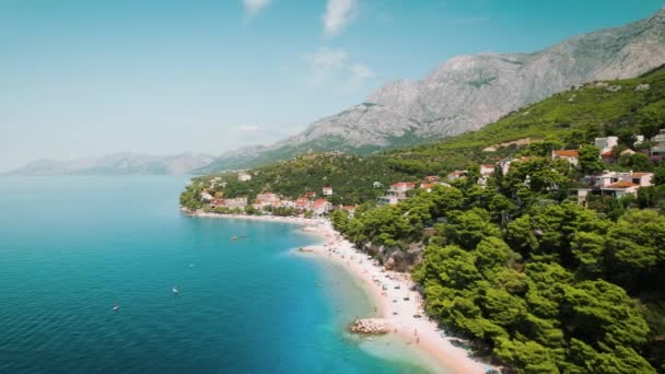 Kustdorp Omhelst Adriatische Zee Weelderig Groen Omringt Schilderachtige Huizen Langs — Stockvideo