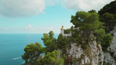 Kadın, Vibrant Clifftop Oasis 'in deniz manzaralı nilüfer yatağında meditasyon yapıyor. Güneş ışığı Capri uçurumlarına vuruyor, gerçek doğaları ortaya çıkarıyor...