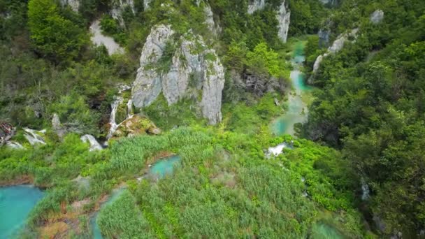 Potente Cascata Sfocia Lago Con Acqua Limpida Azzurra Parco Nazionale — Video Stock