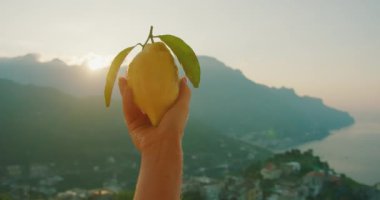 Bir el, dağlık bir sahilde güneşin doğuşuna kadar bir limonu tutar. Şafak vaktine karşı citrus, doğada taze bir sabahın özü...