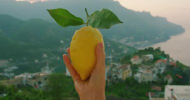 Alacakaranlıkta dağlık bir deniz manzarasına karşı sulu bir organik limon tutuyor. Arka plandaki bulanık İtalyan kıyı köyü..