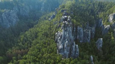 Çek Cumhuriyeti 'nin Bohemya İsviçre Ulusal Parkı' ndaki sık ormanlarla çevrili yüksek kum taşı oluşumlarının hava görüntüsü..
