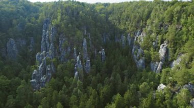 Almanya 'nın Sakson İsviçre Ulusal Parkı' ndaki engebeli kayalıklar ve geniş orman arazisi açık bir yaz gününde..