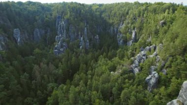 Almanya 'da Sakson İsviçre Ulusal Parkı' nın Bastei bölgesinde, yoğun orman ve yükselen kaya oluşumlarının hava görüntüsü açık gün ışığında..