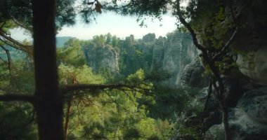 Almanya 'da açık bir yaz gününde gür orman ağaçları tarafından çerçevelenen Sakson İsviçre' deki Bastei kaya oluşumlarının nefes kesici manzarası...