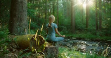 Kadın, ağaçların arasından süzülen güneş ışığıyla bir orman deresinin kenarındaki ağaç kütüğü üzerinde meditasyon yapıyor ve huzurlu bir atmosfer yaratıyor..