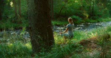 Kadın, yeşil yapraklarla çevrili sakin bir ormanın göbeğindeki dere kenarındaki bir kütükte meditasyon yaparak oturur..