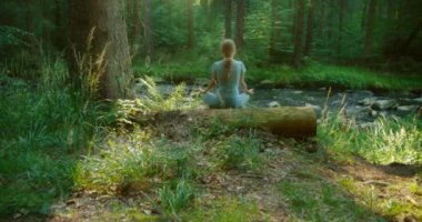 Arka planda, uzun ağaçlar ve ormandaki yemyeşil yeşilliklerle çevrili sakin derede meditasyon yapan bir kadın görülüyor..