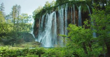 Büyük görkemli şelale yosun kaplı kayalıklardan göle akıyor..