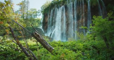 Yeşil yapraklı ormanlarla çevrili yüksek uçurumlardan güçlü şelaleler dökülüyor..