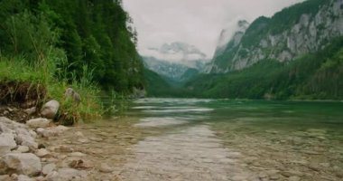 Huzurlu dağ Gosau Gölü. Temiz su ve arka planda yüksek tepeler..