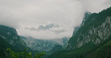 Gosausee Avusturya 'da yemyeşil yemyeşil ve dağlık vadileri olan puslu dağ sıraları.