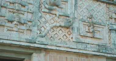 Meksika 'da bir Maya tapınağının dekoratif duvarına oyulmuş bir yılanın detaylı görüntüsü..