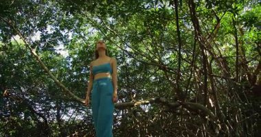 Meksika Cenote Ormanı 'ndaki mangrov ağaçlarının yoğun dallarının altına bakan bir kadın..