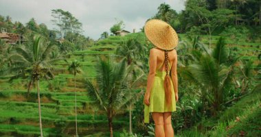 Bali hasır şapkalı gezgin Tegallalang 'daki canlı yeşil pirinç teraslarına bakar..