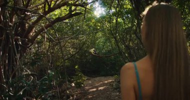 Kadın sık bir orman yolunda yürüyor. Mangrov yoluna bakıyor. Güneş ışığı ve dallar altında..