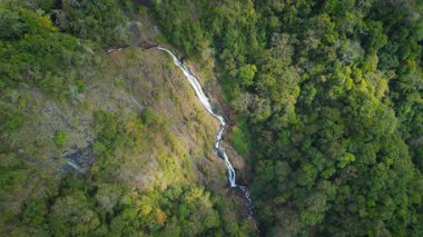 Kosta Rika 'daki kayalık yemyeşil arazi üzerinde uzun şelale Bijagual şelalesi.
