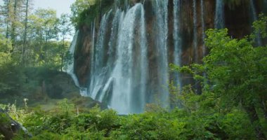 Plitvice Hırvatistan 'daki uçurumdan yeşil orman gölüne uzun şelale düşüyor.