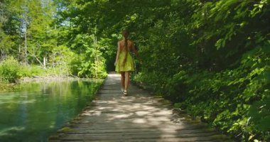 Turist, Plitvice Gölleri Ulusal Parkı 'nda orman yolunda tek başına yürüyor..