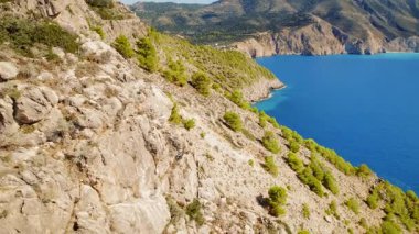 Kefalonya kıyı şeridine bakan çalılarla ve ağaçlarla kaplı dik kayalık tepeler.