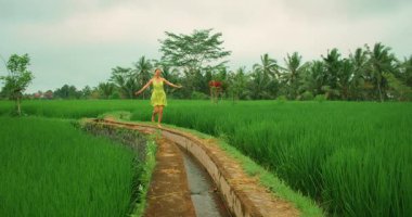 Bali 'deki canlı pirinç tarlaları arasında yalınayak dengede duran mutlu kadın..