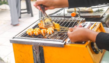 Asya 'nın ünlü sokak yemekleri, ızgara köfteler, sosisler, peynirli börekler. Mangal yapan bir kadın sokak yemeklerinde köfte ve ızgara sosis yapıyor.