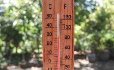 Celsius ve Fahrenheit termometresi Asya 'da gün ortasında arkada ağaçlarla birlikte artı 30 derece olduğunu gösteriyor. Termometre, yazın 30 derecenin üzerinde sıcaklık gösteriyor.