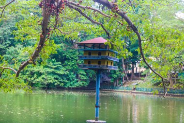 Pigeon cage in the middle of the lake at Gadjah Mada University surrounded by lush trees. Lake park in the city with pigeon house clipart