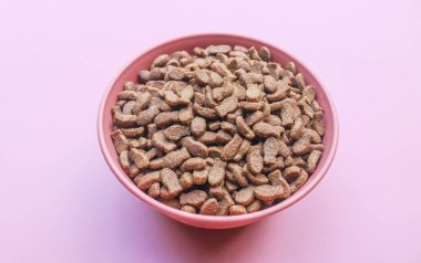 Pembe arka planda izole edilmiş pembe bir kasede kedi besleyen köpek mamasının üst görüntüsü. Balık şeklinde kuru kedi maması.
